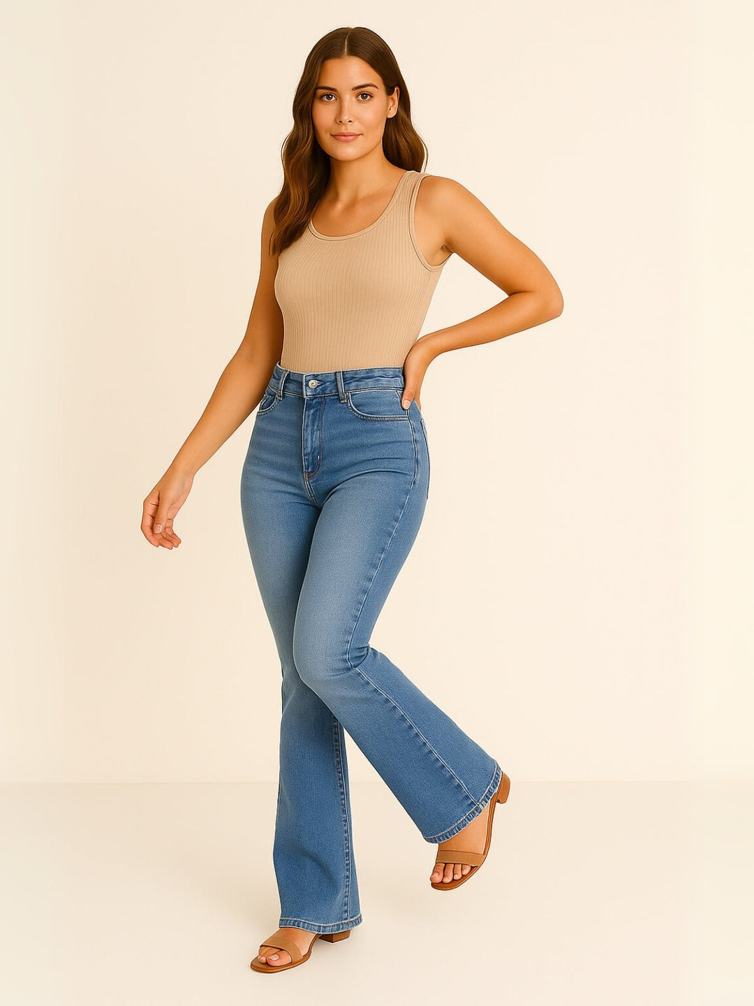 Femme portant Jean flare Aravelya | Jean skinny extensible taille haute évasée