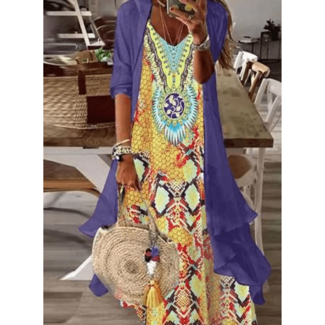 Femme portant Robes Aurelia | Robe midi à motifs tropicaux pour femme | Orange