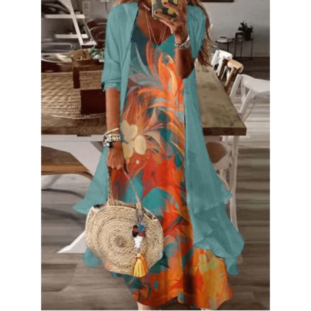 Femme portant Robes Aurelia | Robe midi à motifs tropicaux pour femme | Orange