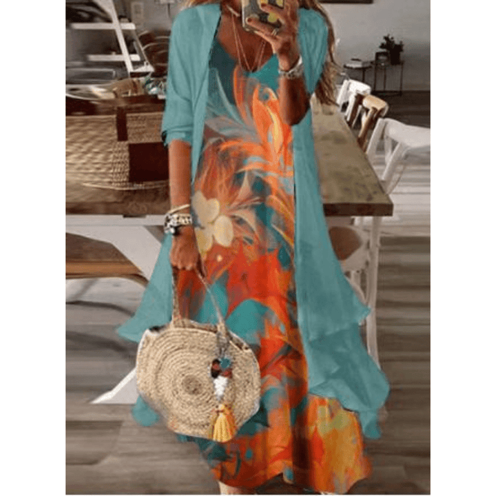 Femme portant Robes Aurelia | Robe midi à motifs tropicaux pour femme | Orange
