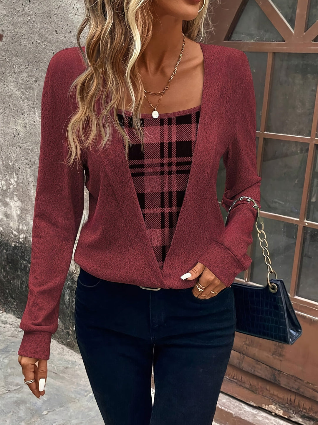 Femme portant Blouse Aurezia | Blouse effet deux pièces vichy chic