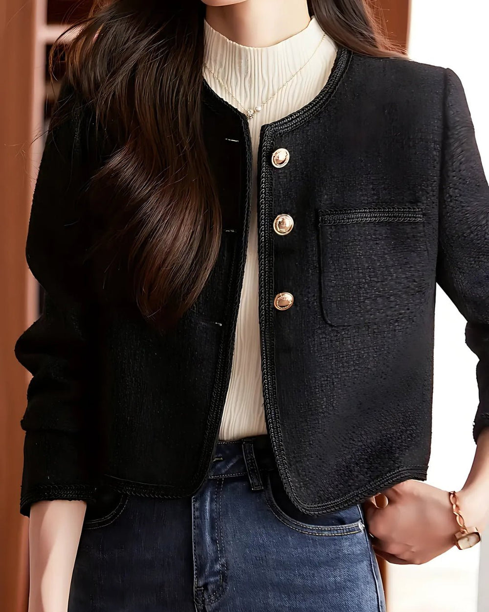 Femme portant Veste Calista | Manteau Court en Tweed