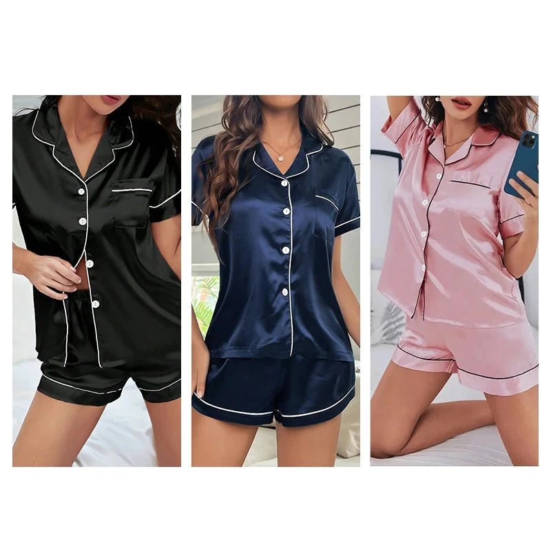 Femme portant Pyjama Camille - Ensemble Pyjama Satiné 2 Pièces avec Col Boutonné