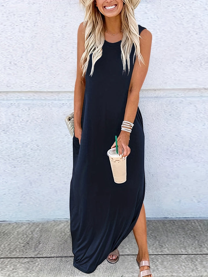Femme portant Robes Elvianne | Robe élégante sans manches à col rond pour femme