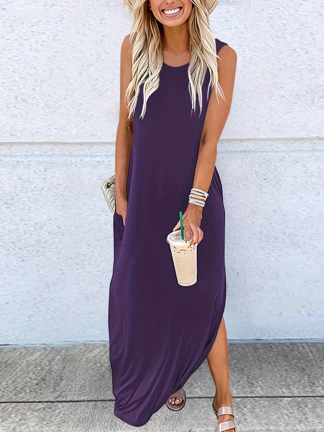 Femme portant Robes Elvianne | Robe élégante sans manches à col rond pour femme