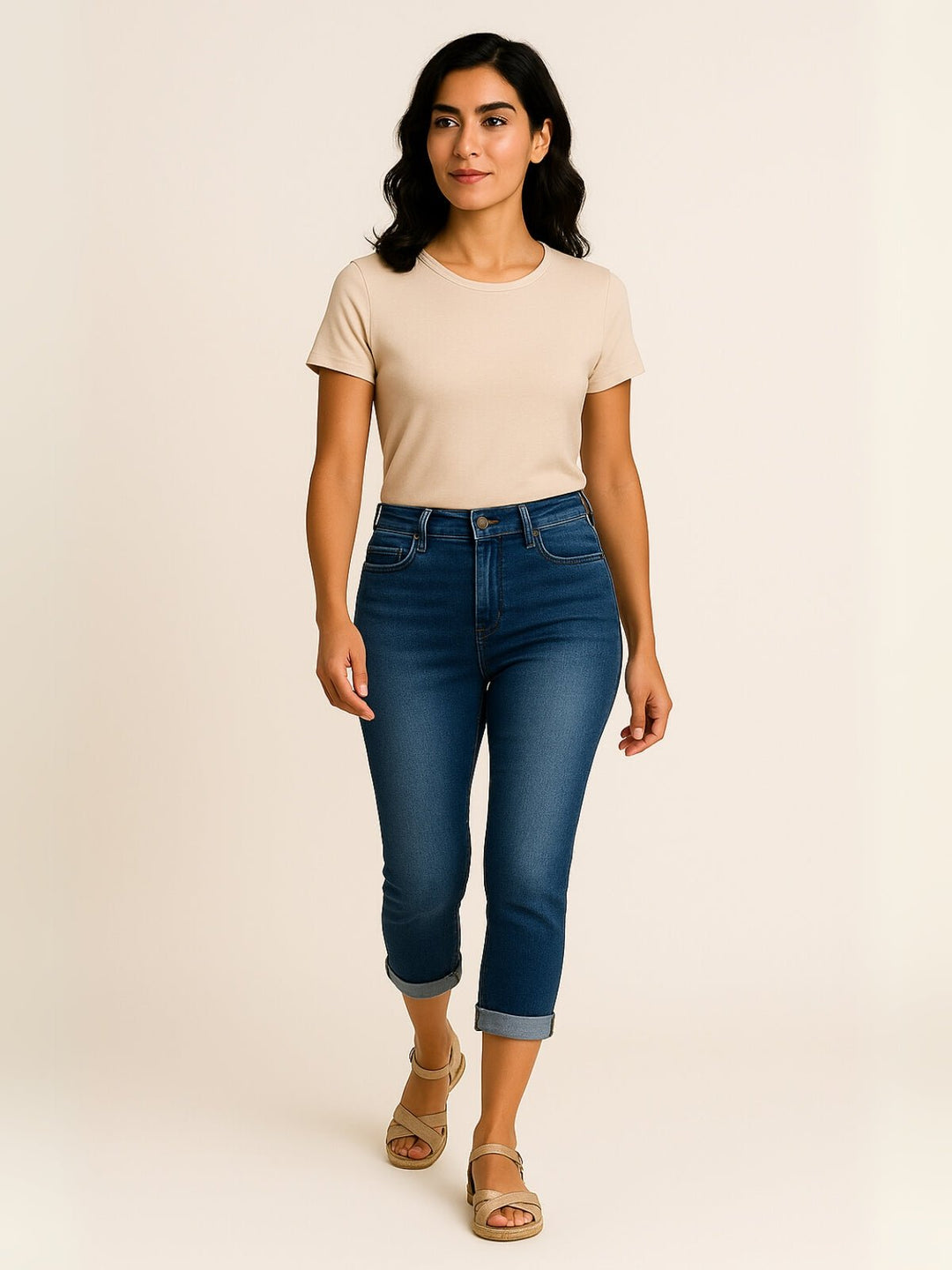 Femme portant Pantacourt Evella | Pantacourt stretch taille mi - basse urbain