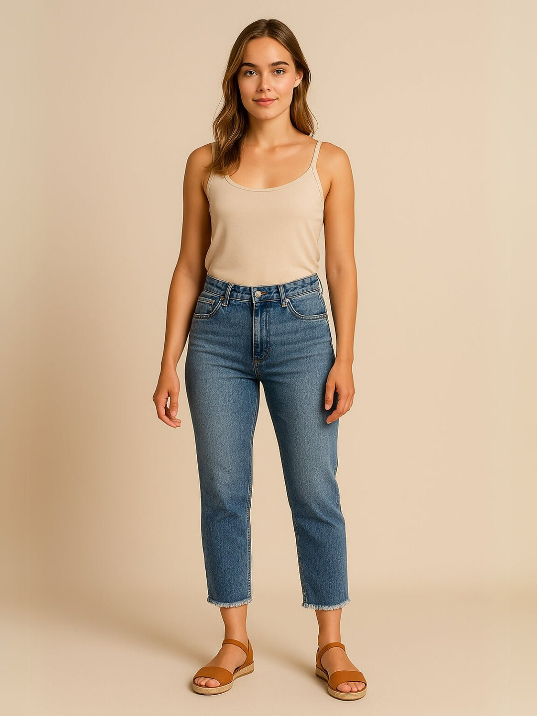 Femme portant Jean Ézérine | Pantalon court brodé ourlet effiloché