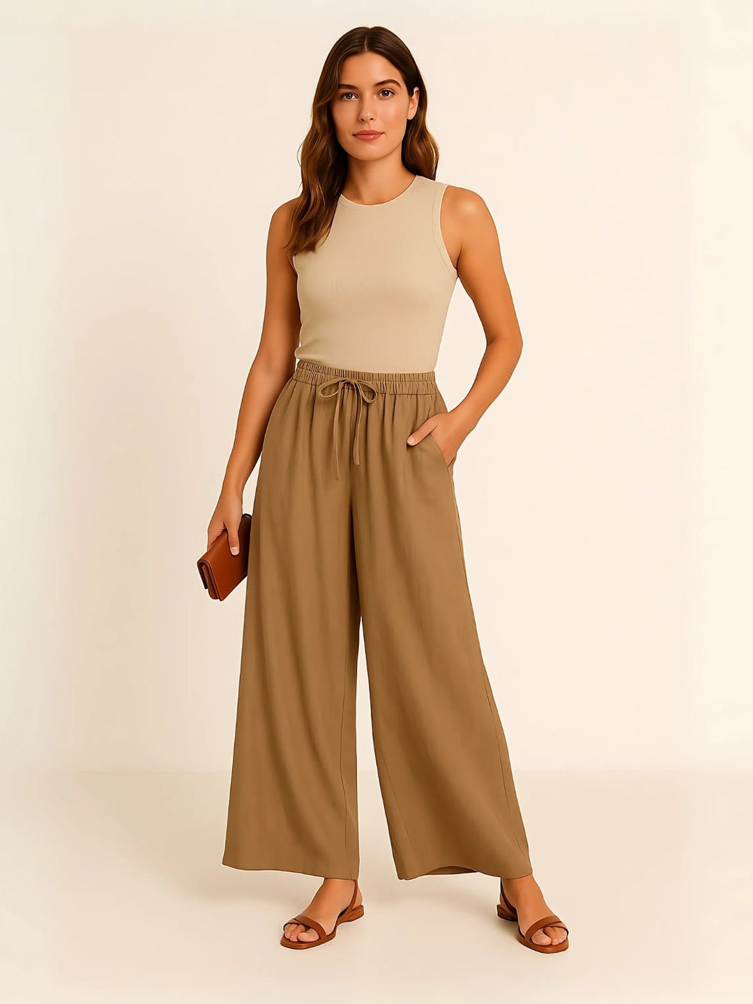 Femme portant Pantalon large Ismara | Pantalon ample à taille nouée
