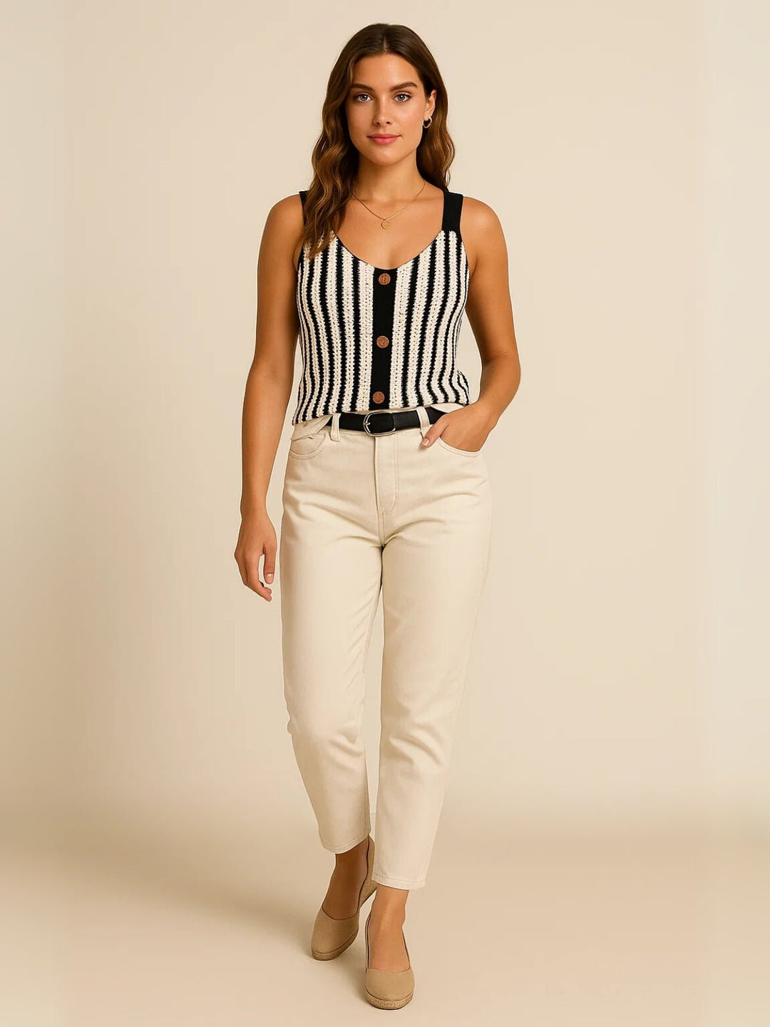 Femme portant Débardeur Linéava | Débardeur rayé boutonné chic