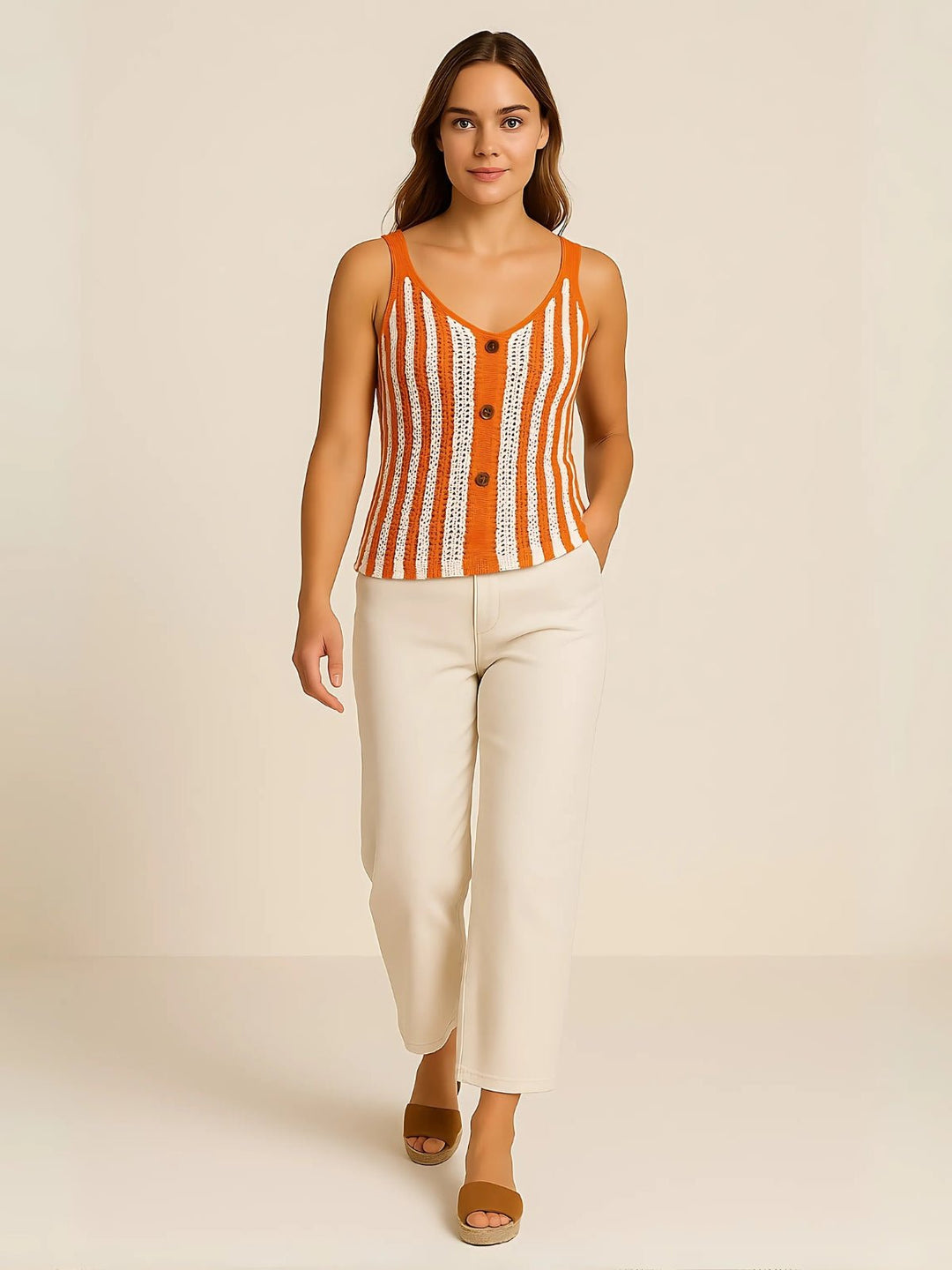 Femme portant Débardeur Linéava | Débardeur rayé boutonné chic