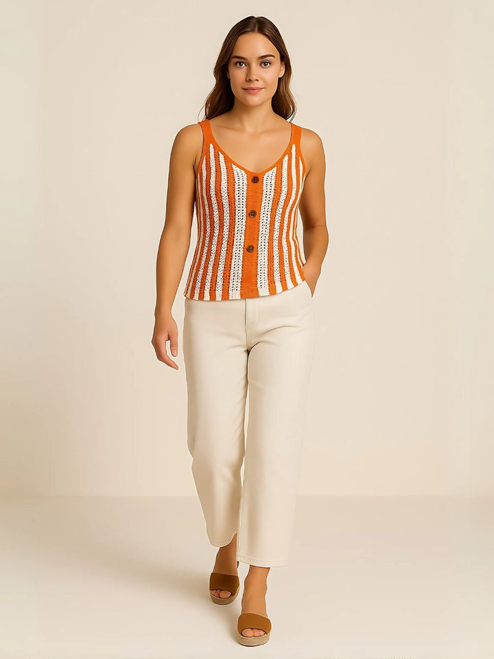 Femme portant Débardeur Linéava | Débardeur rayé boutonné chic