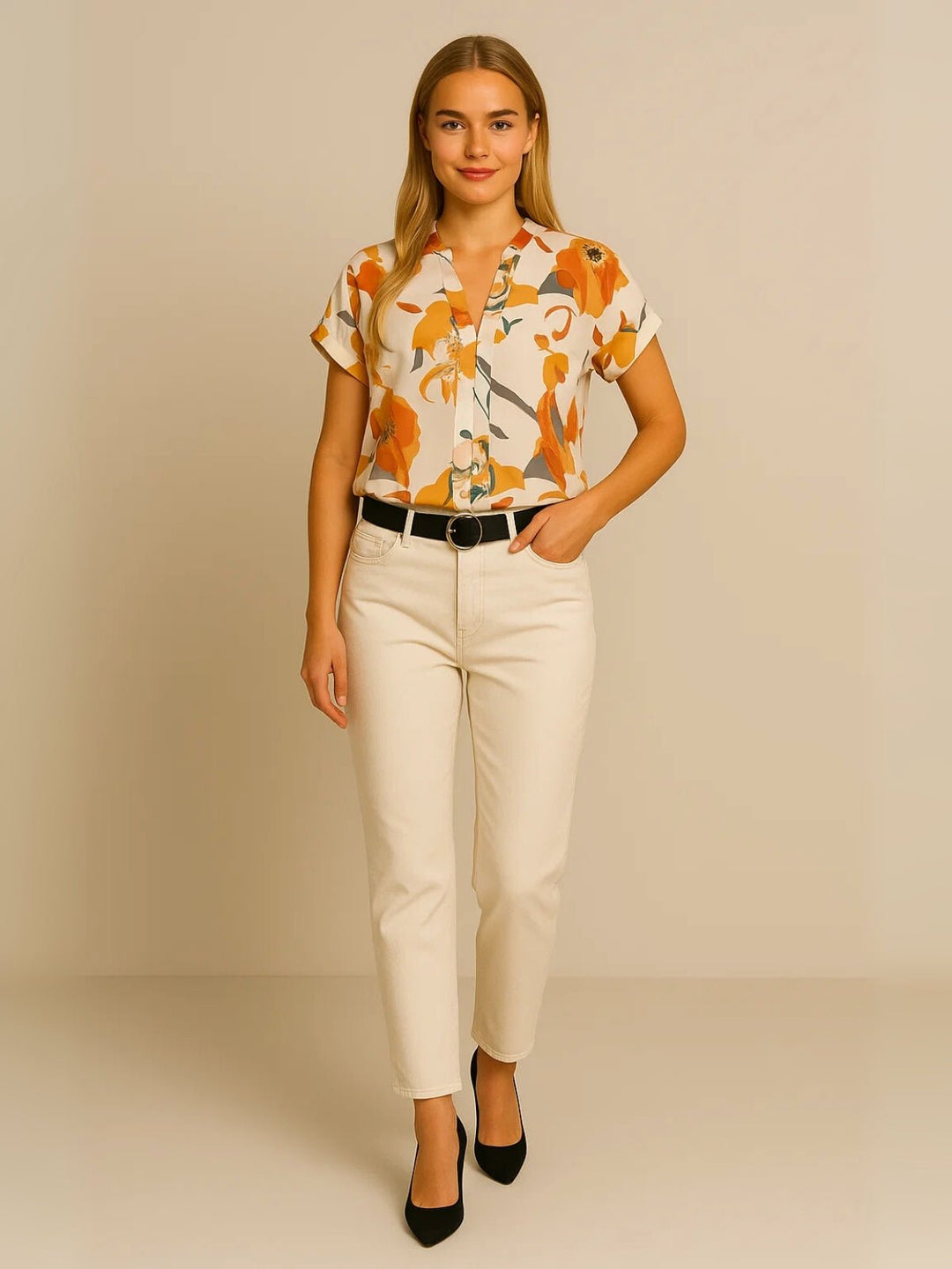 Femme portant Blouse Loravina | Blouse fleurie à col V fluide