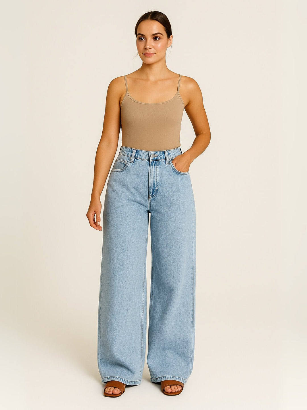 Femme portant Jean taille haute Maelina | Jean slim droit stretch taille haute