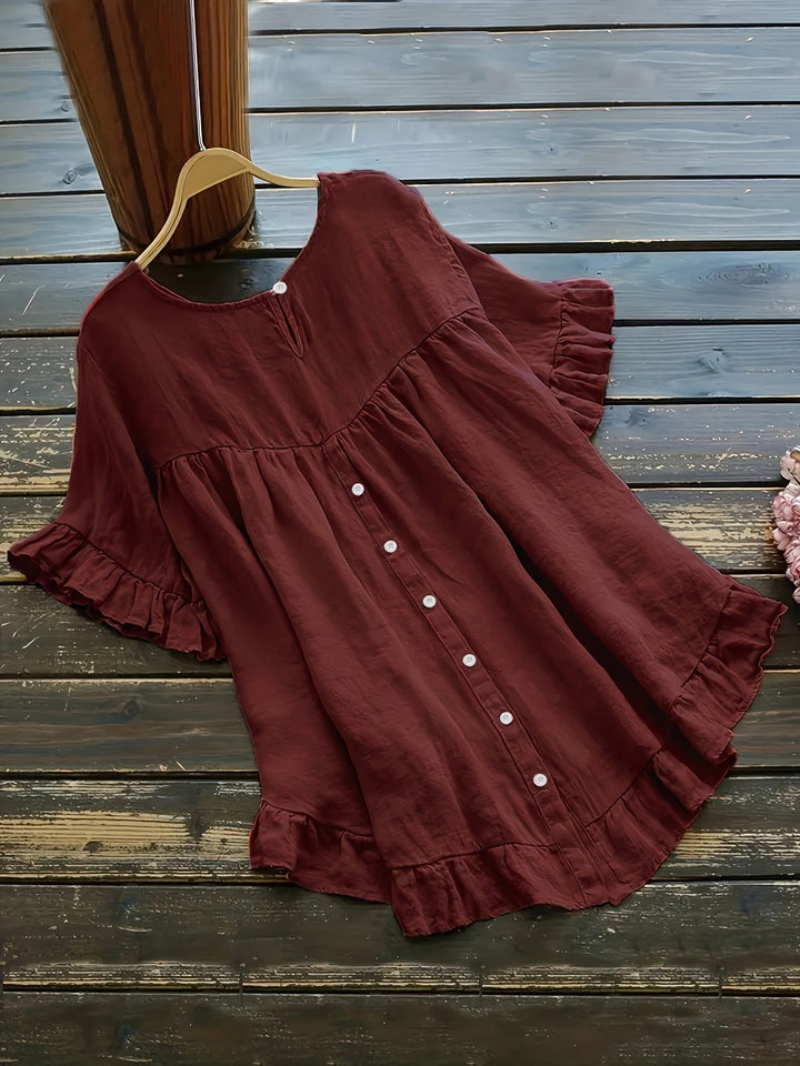Femme portant Blouse Mirelys | Blouse coton col rond à volants doux