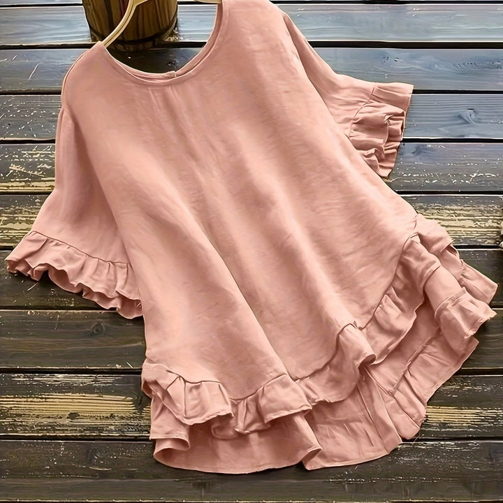 Femme portant Blouse Mirelys | Blouse coton col rond à volants doux
