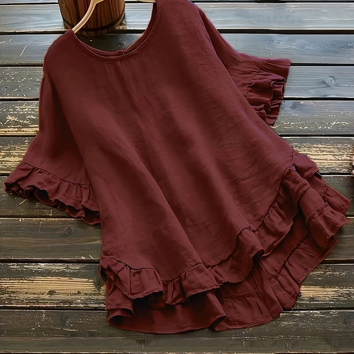Femme portant Blouse Mirelys | Blouse coton col rond à volants doux