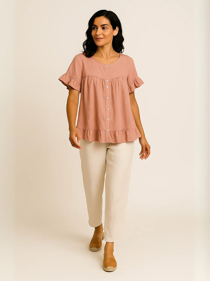Femme portant Blouse Mirelys | Blouse coton col rond à volants doux