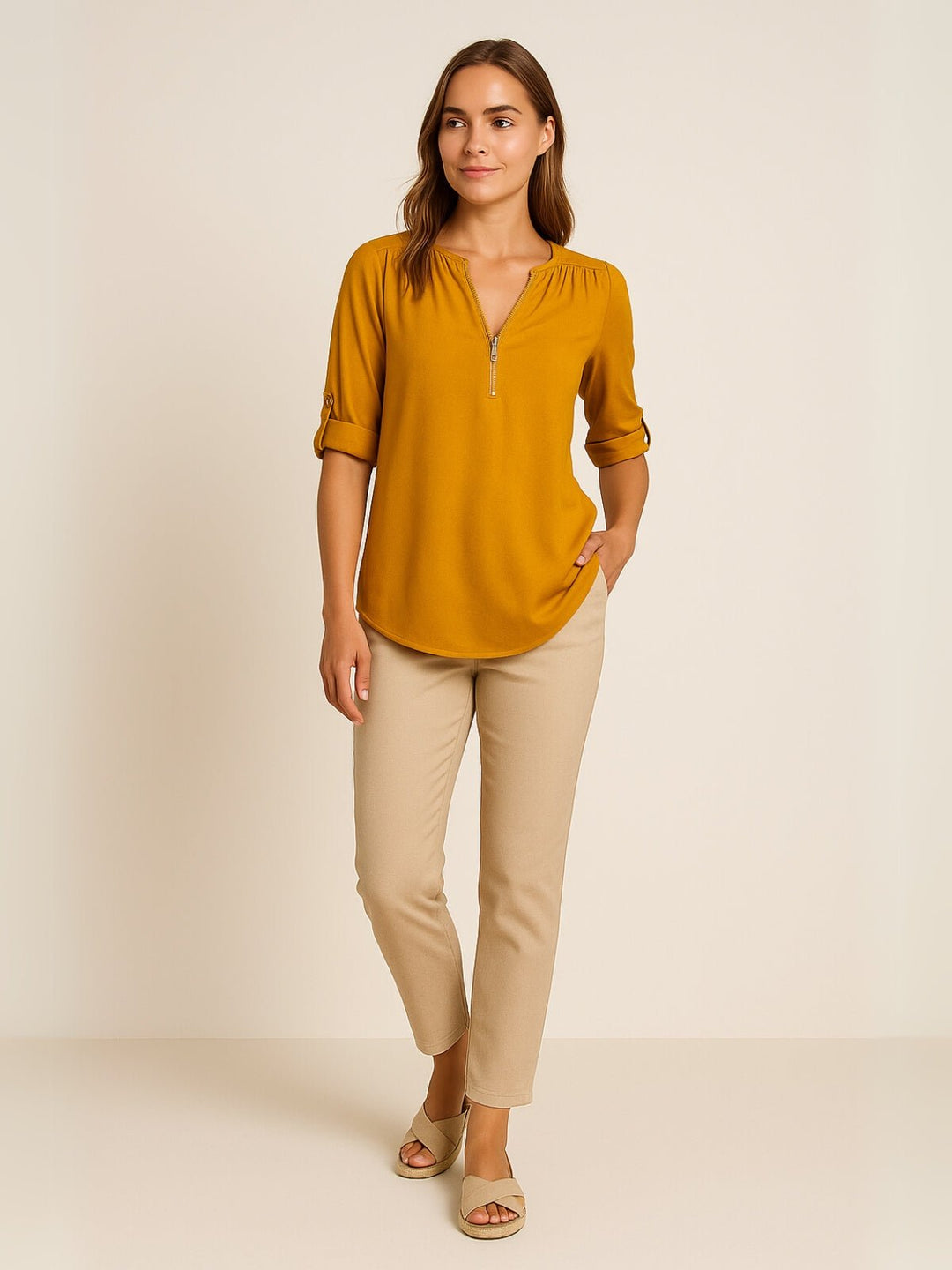 Femme portant Blouse Rhéa | Blouse zippée manches retroussables