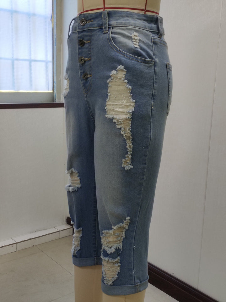 Femme portant Pantacourt Sérénna | Pantacourt en jean déchiré taille haute
