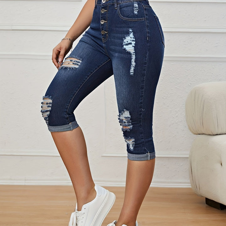 Femme portant Pantacourt Sérénna | Pantacourt en jean déchiré taille haute