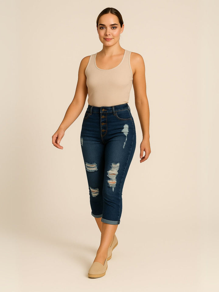 Femme portant Pantacourt Sérénna | Pantacourt en jean déchiré taille haute