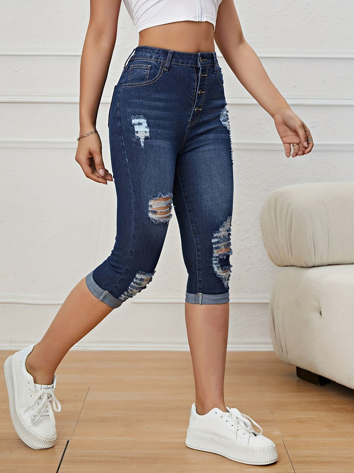 Femme portant Pantacourt Sérénna | Pantacourt en jean déchiré taille haute