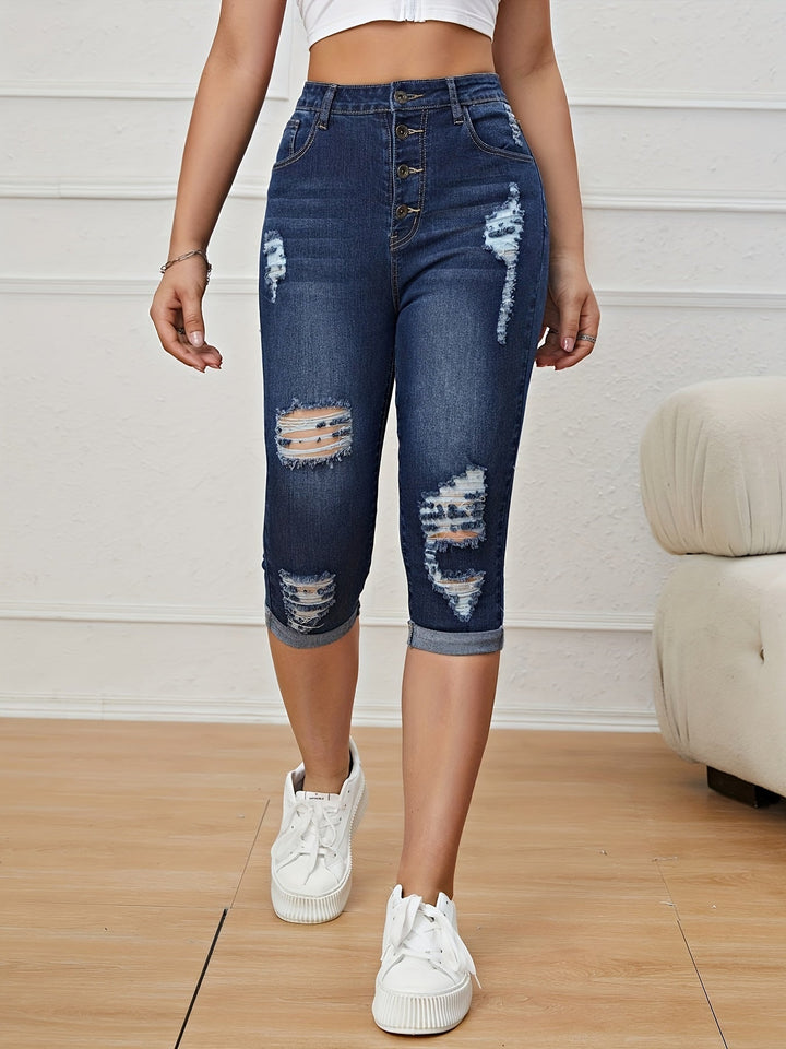 Femme portant Pantacourt Sérénna | Pantacourt en jean déchiré taille haute