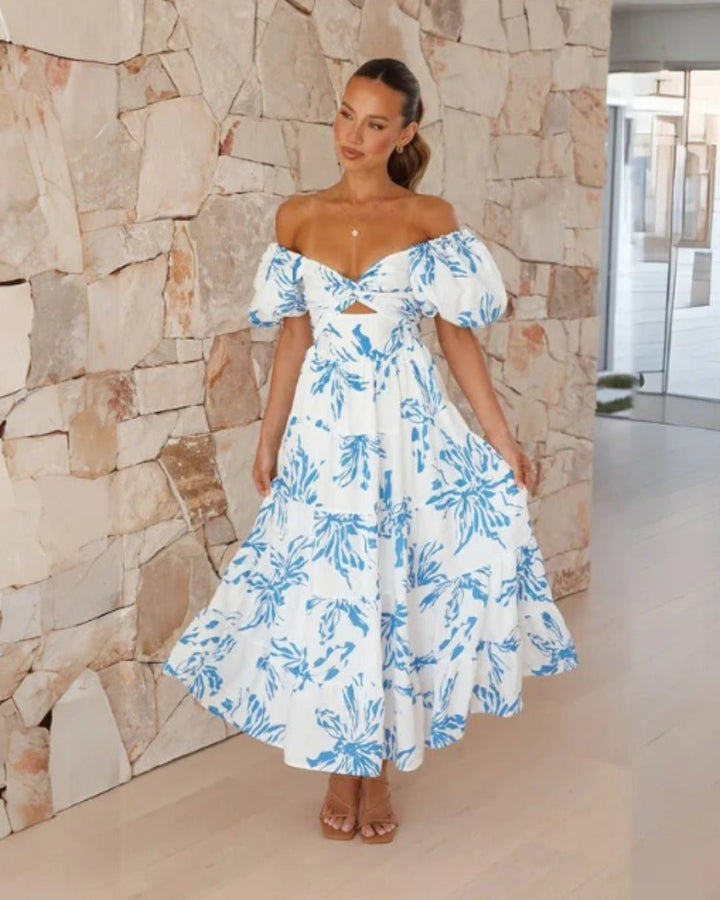 Femme portant Robe été Sylviana | Robe Longue Épaules Dénudées Fleurie