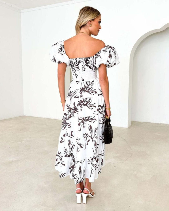 Femme portant Robe été Sylviana | Robe Longue Épaules Dénudées Fleurie
