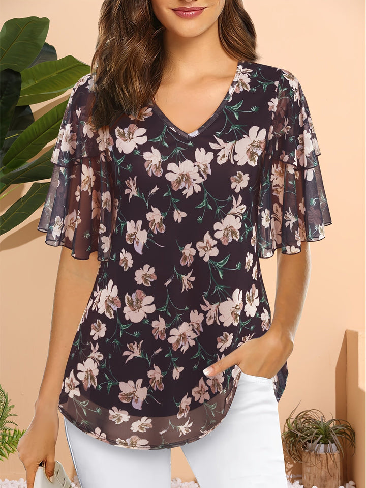 Femme portant Tunique Veylina | Tunique fleurie col V fluide