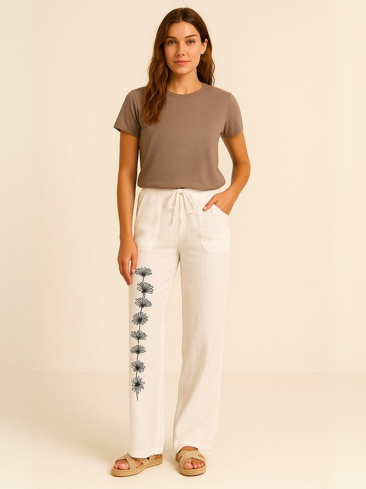 Femme portant Pantalon En Lin Ysoria | Pantalon fluide à fleurs brodées