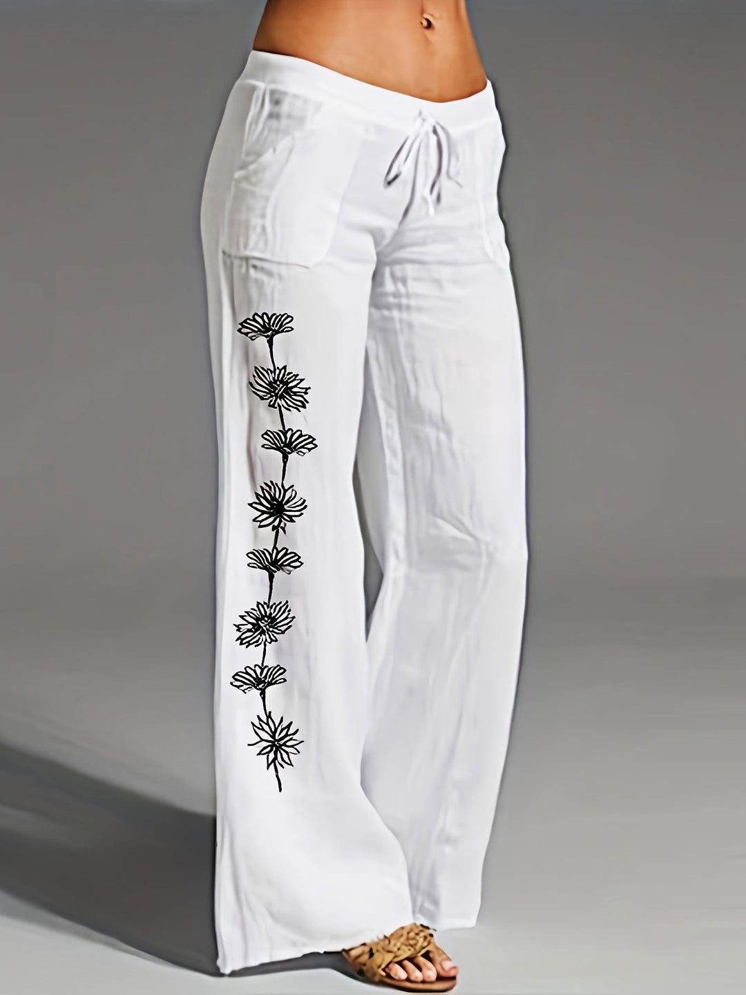 Femme portant Pantalon En Lin Ysoria | Pantalon fluide à fleurs brodées