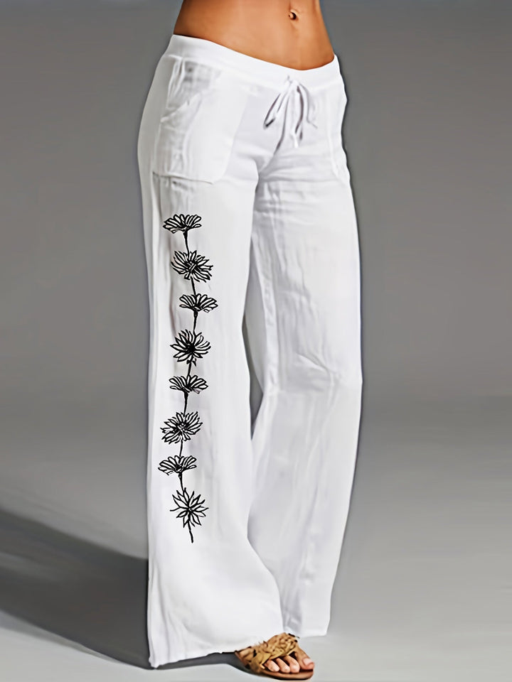 Femme portant Pantalon En Lin Ysoria | Pantalon fluide à fleurs brodées