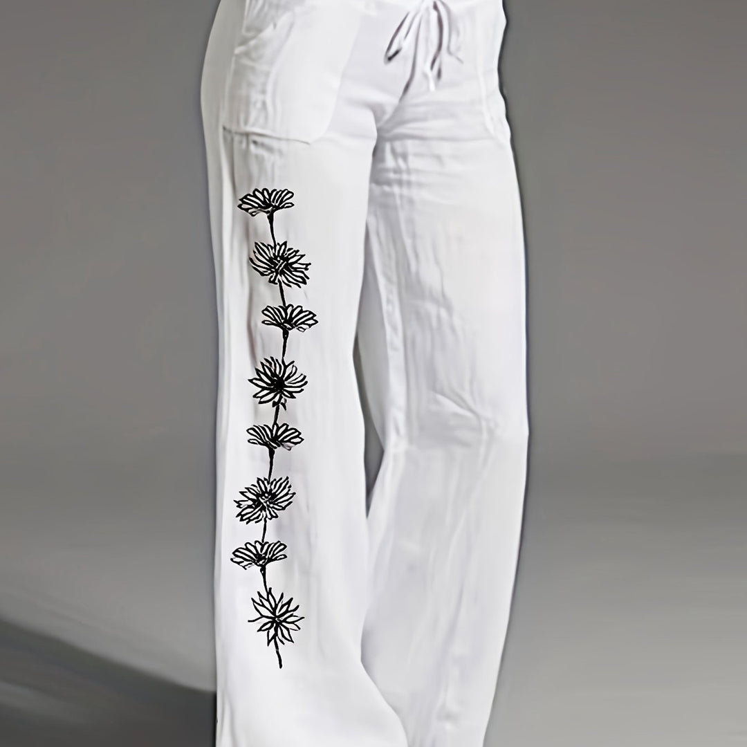 Femme portant Pantalon En Lin Ysoria | Pantalon fluide à fleurs brodées