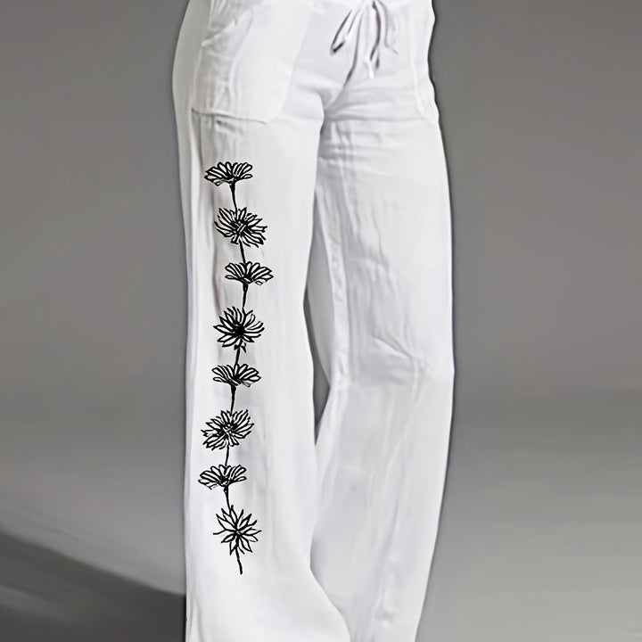 Femme portant Pantalon En Lin Ysoria | Pantalon fluide à fleurs brodées