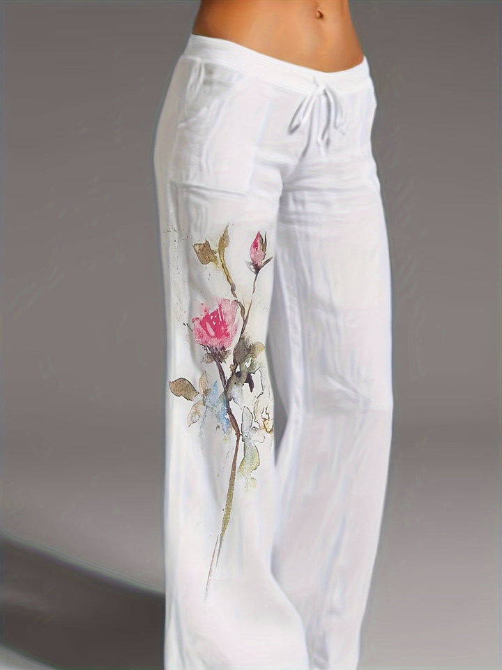 Femme portant Pantalon En Lin Ysoria | Pantalon fluide à fleurs brodées