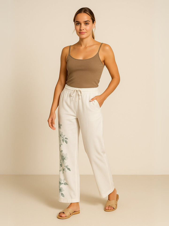 Femme portant Pantalon En Lin Ysoria | Pantalon fluide à fleurs brodées