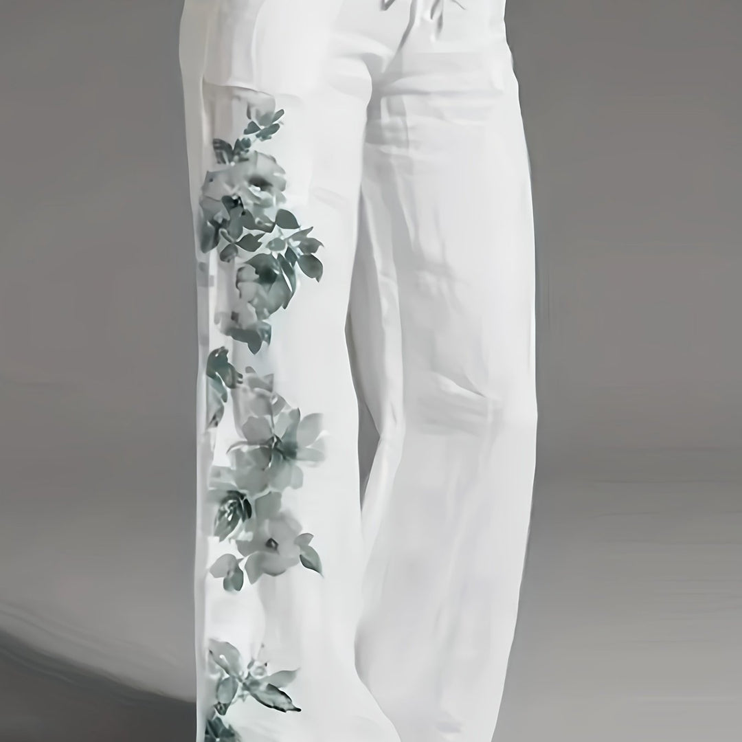 Femme portant Pantalon En Lin Ysoria | Pantalon fluide à fleurs brodées
