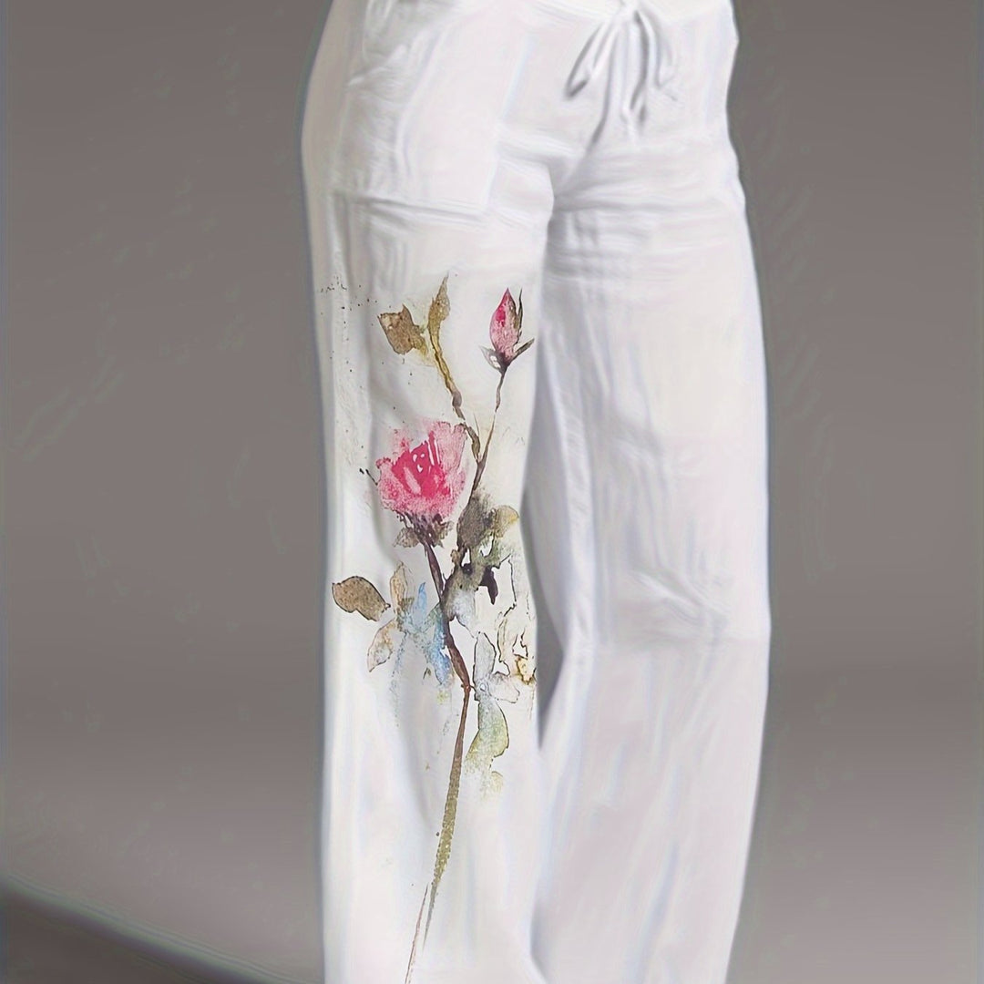 Femme portant Pantalon En Lin Ysoria | Pantalon fluide à fleurs brodées