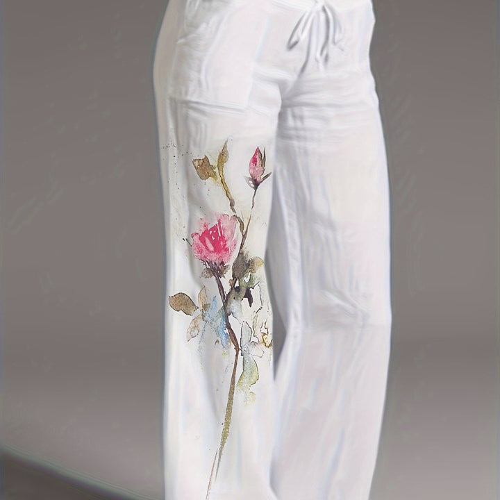 Femme portant Pantalon En Lin Ysoria | Pantalon fluide à fleurs brodées