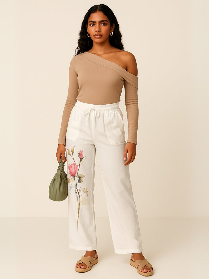 Femme portant Pantalon En Lin Ysoria | Pantalon fluide à fleurs brodées