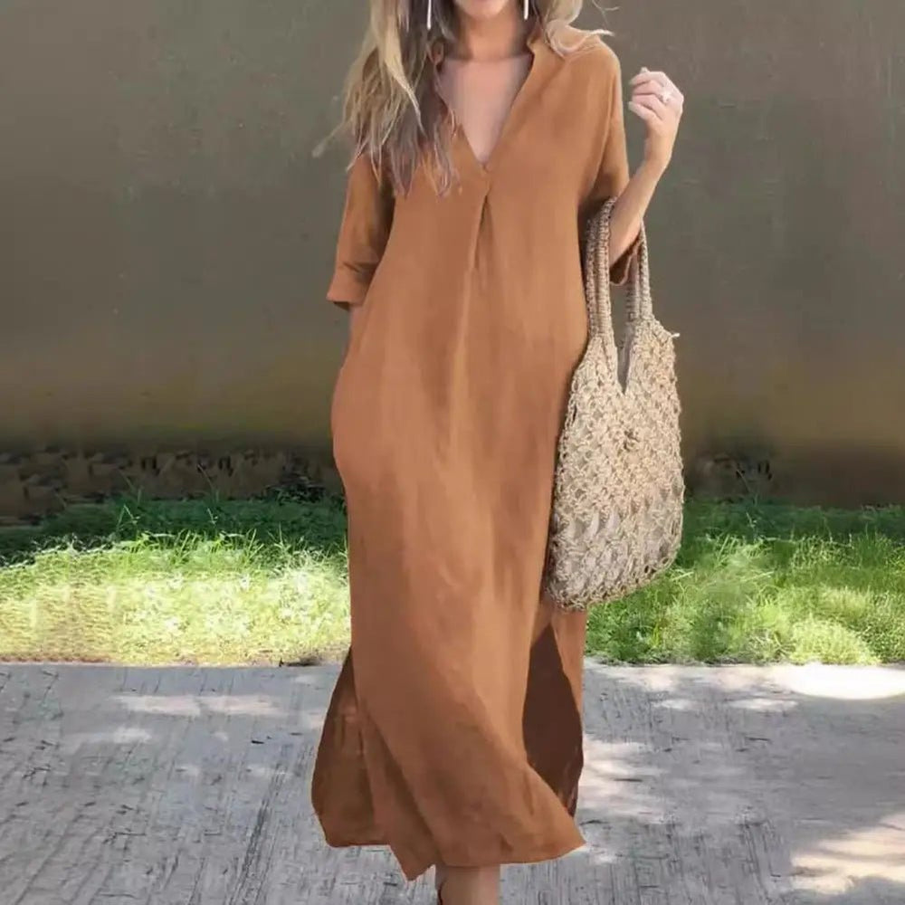 Zelyana | Robe chemise streetwear à col en V pour femme - Robes pour femme - Achetez Chez Anabelle